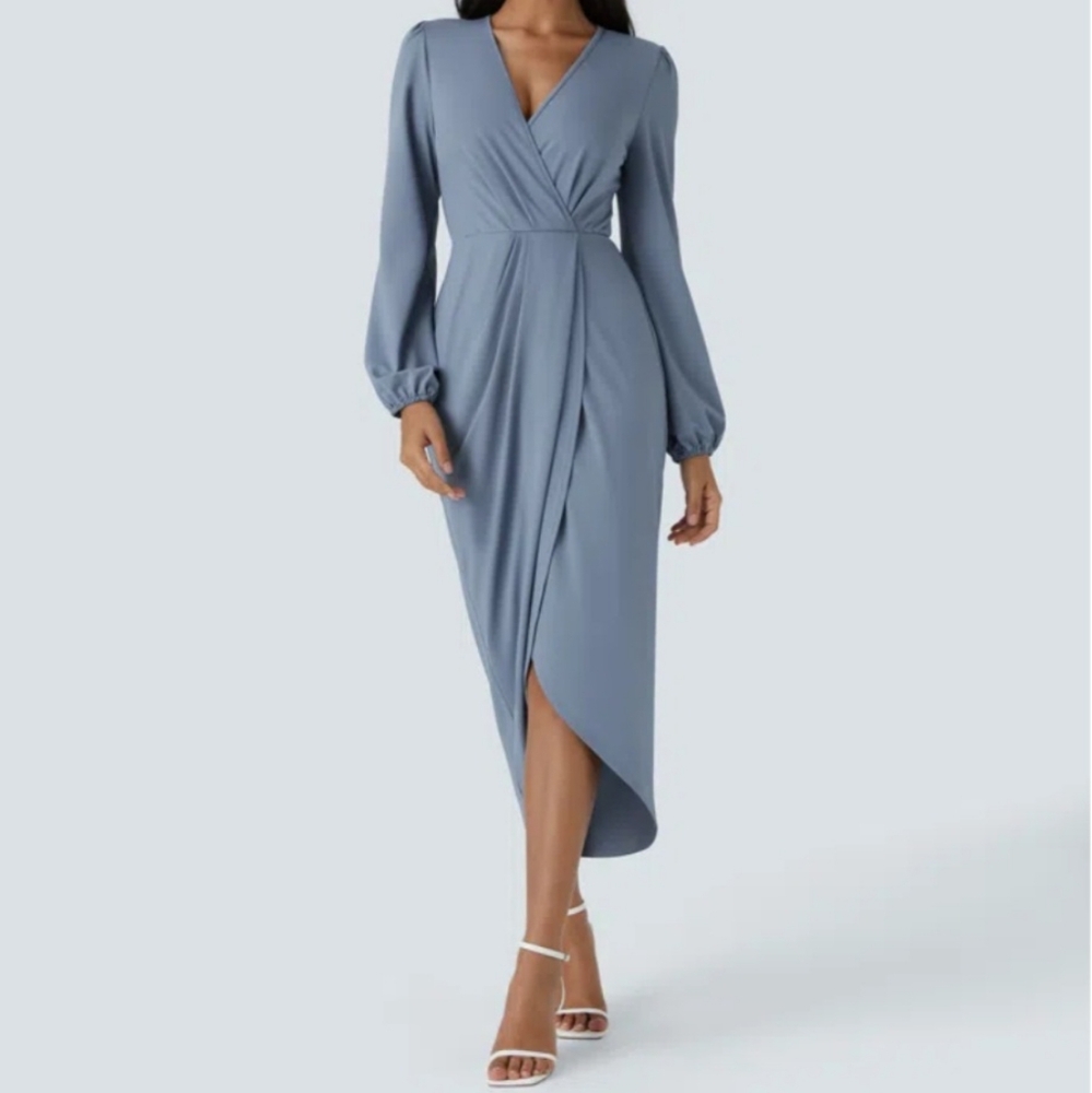 NWT HALARA RAIN WASHED BLUE V Neck Long Sleeve Tulip Hem Midi Dress (Size: L)